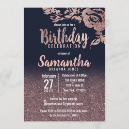 Navy Blue Roos Gold Glitter Floral Birthday Party Kaart