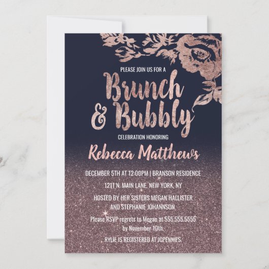 Navy Blue Roos Gold Glitter Floral Brunch Bubble Kaart (Voorkant)