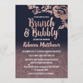 Navy Blue Roos Gold Glitter Floral Brunch Bubble Kaart