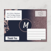 Navy Blue Roos Gold Glitter Floral Dank u Briefkaart (Achterkant)