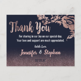 Navy Blue Roos Gold Glitter Floral Dank u Briefkaart