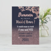 Navy Blue Roos Gold Glitter Floral Maid of Honor Kaart (Staand voorkant)