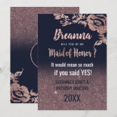 Navy Blue Roos Gold Glitter Floral Maid of Honor Kaart (Voorkant / Achterkant)