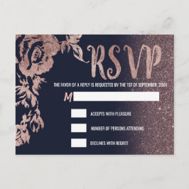 Navy Blue Roos Gold Glitter Floral RSVP Uitnodiging Briefkaart