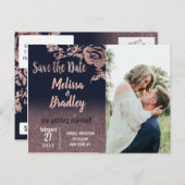 Navy Blue Roos Gold Glitter Floral Save the Date Aankondigingskaart (Voorkant / Achterkant)