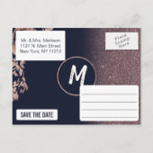 Navy Blue Roos Gold Glitter Floral Save the Date Aankondigingskaart (Achterkant)
