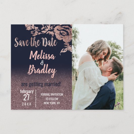 Navy Blue Roos Gold Glitter Floral Save the Date Aankondigingskaart (Voorkant)