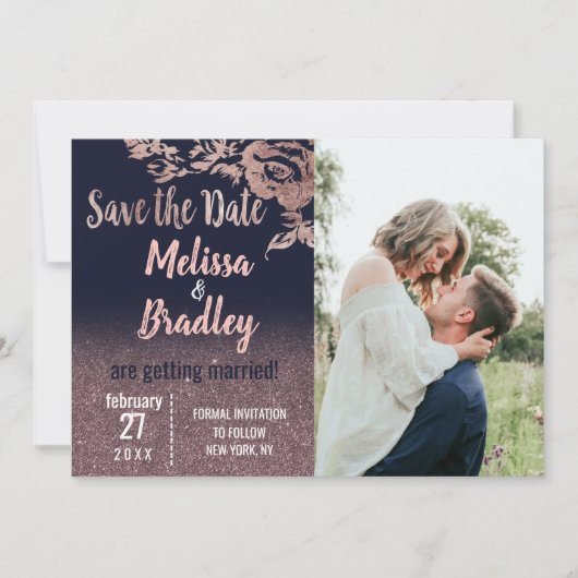 Navy Blue Roos Gold Glitter Floral Save the Date Kaart (Voorkant)
