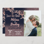 Navy Blue Roos Gold Glitter Floral Save the Date Kaart (Voorkant / Achterkant)