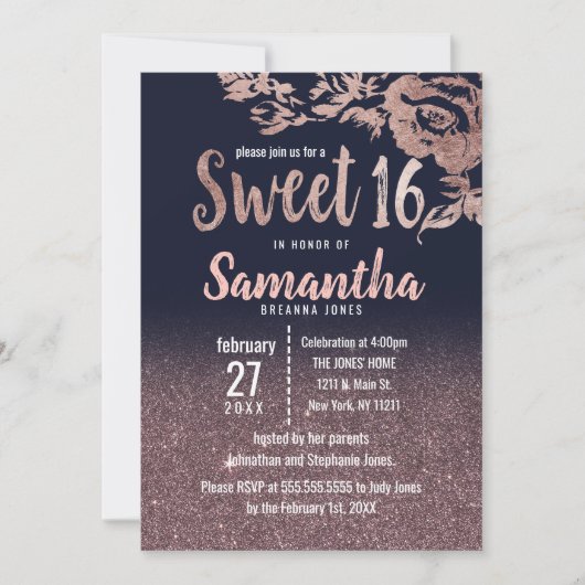 Navy Blue Roos Gold Glitter Floral Sweet 16 Kaart (Voorkant)