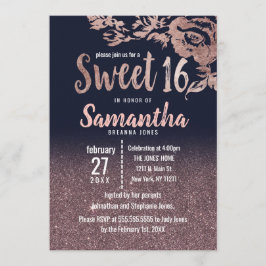 Navy Blue Roos Gold Glitter Floral Sweet 16 Kaart