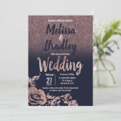 Navy Blue Roos Gold Glitter Floral Wedding Kaart (Staand voorkant)