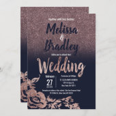 Navy Blue Roos Gold Glitter Floral Wedding Kaart (Voorkant / Achterkant)