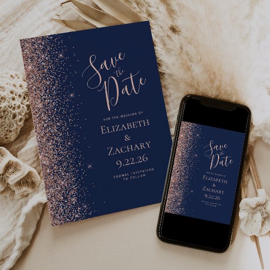 Navy Blue Roos Gold Glitter Save the Date Aankondiging