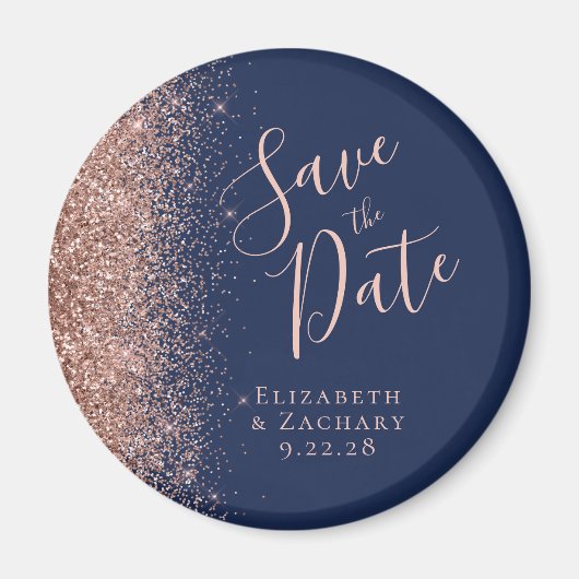 Navy Blue Roos Gold Glitter Script Save the Date Magneet (Voorkant)