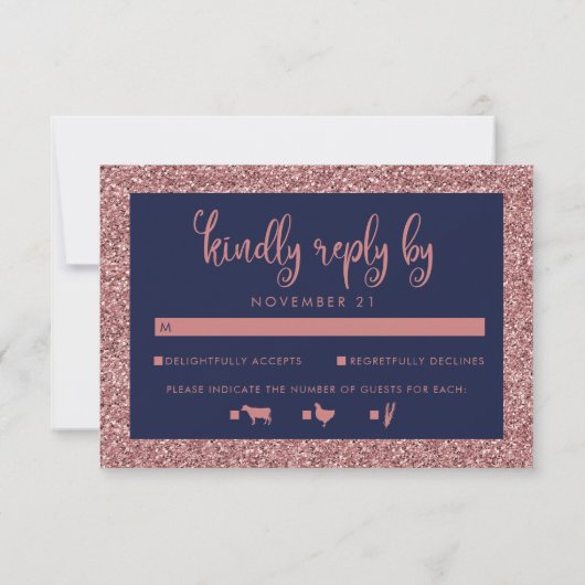 Navy Blue Roos Gold Glitter Sparkle Wedding RSVP Kaartje (Achterkant)