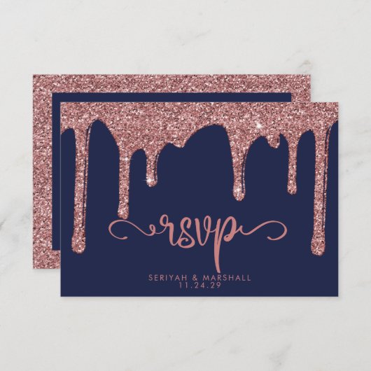 Navy Blue Roos Gold Glitter Sparkle Wedding RSVP Kaartje (Voorkant / Achterkant)
