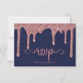 Navy Blue Roos Gold Glitter Wedding Guest RSVP (Voorkant)