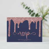 Navy Blue Roos Gold Glitter Wedding Guest RSVP Kaartje (Staand voorkant)