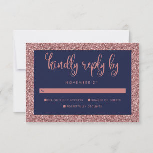 Navy Blue Roos Gold Glitter Wedding Guest RSVP Kaartje