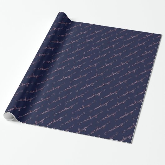 Navy Blue Roos Gold Handgeschreven Script Naam Cadeaupapier (Uitgerold)