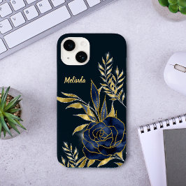 Navy Blue Roos Gold Leaves Monogram Case-Mate iPhone 14 Hoesje