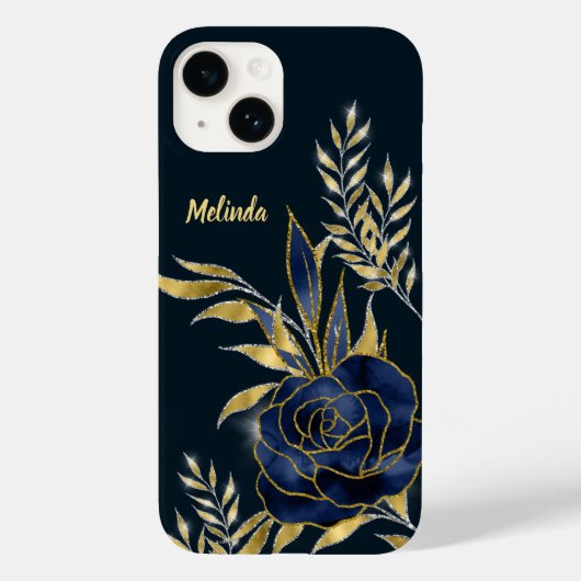 Navy Blue Roos Gold Leaves Monogram Case-Mate iPhone Case (Achterkant)