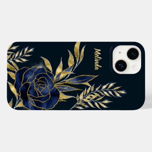 Navy Blue Roos Gold Leaves Monogram Case-Mate iPhone Case (Achterkant (horizontaal))