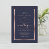 Navy Blue Roos Gold Lijst Wedding Kaart (Staand voorkant)