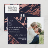 Navy Blue Roos Gold Marble Diagonaal Save the Date Briefkaart (Voorkant / Achterkant)