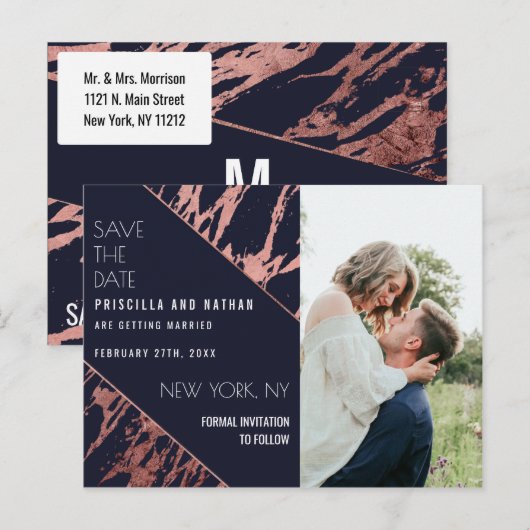Navy Blue Roos Gold Marble Diagonaal Save the Date Briefkaart (Voorkant / Achterkant)