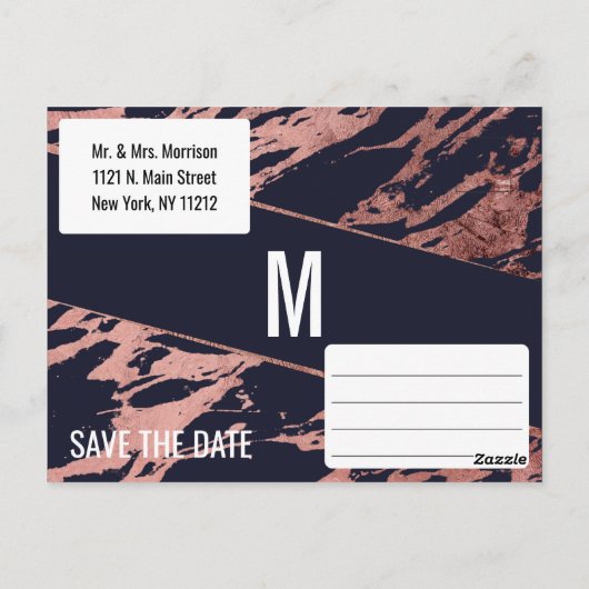 Navy Blue Roos Gold Marble Diagonaal Save the Date Briefkaart (Achterkant)