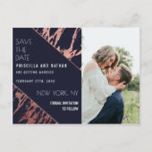 Navy Blue Roos Gold Marble Diagonaal Save the Date Briefkaart (Voorkant)