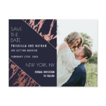 Navy Blue Roos Gold Marble Diagonaal Save the Date