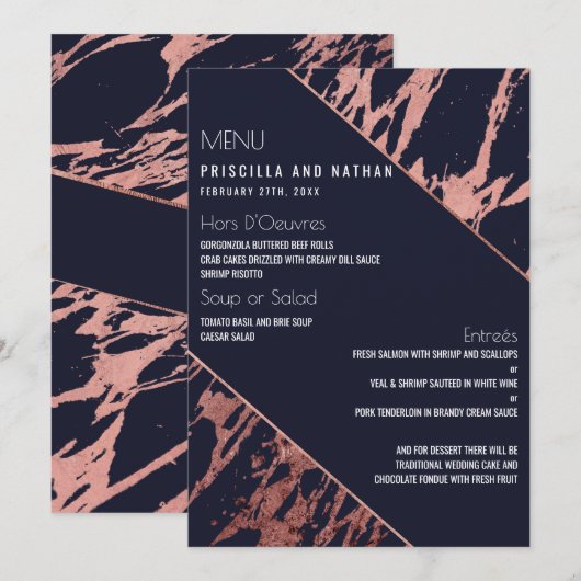 Navy Blue Roos Gold Marble Diagonaal Wedding Menu (Voorkant / Achterkant)