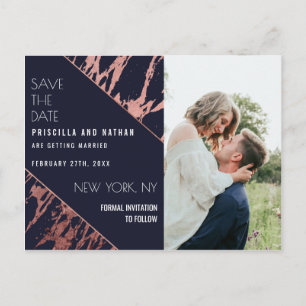 Navy Blue Roos Gold Marble Diagonal Save the Date Briefkaart