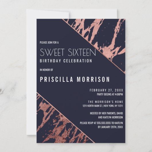 Navy Blue Roos Gold marmer Diagonal Sweet 16 Kaart (Voorkant)