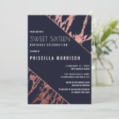 Navy Blue Roos Gold marmer Diagonal Sweet 16 Kaart (Staand voorkant)