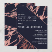 Navy Blue Roos Gold marmer Diagonal Sweet 16 Kaart (Voorkant / Achterkant)