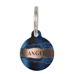 Navy blue roos Gold metal agate marmer name Huisdierpenning