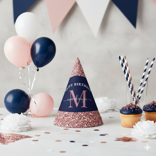 Navy Blue Roos Gold Monogram Verjaardag Feesthoedjes