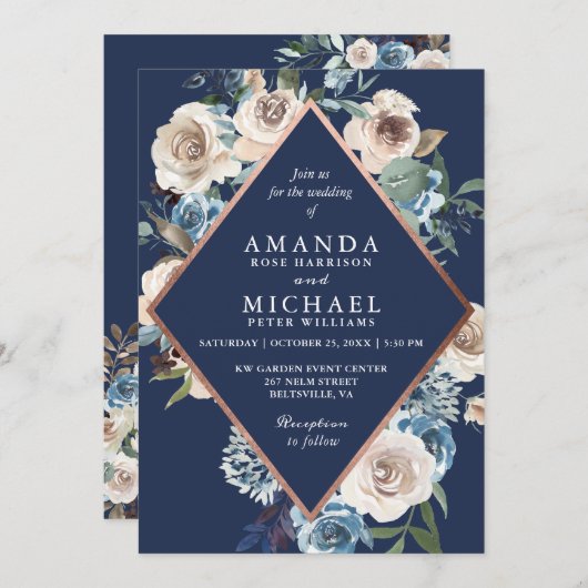 Navy Blue Roos Gold Neutral Floral Wedding Kaart (Voorkant / Achterkant)