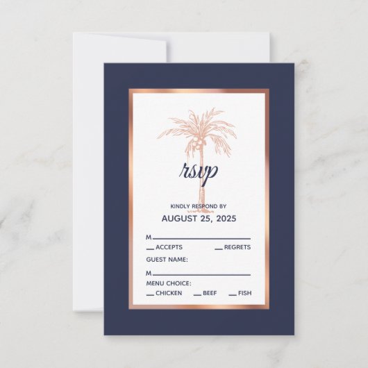 Navy Blue Roos Gold Palm Tree Beach Weddenschap RSVP Kaartje (Voorkant)