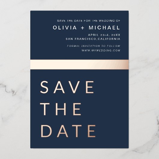 Navy Blue Roos Gold Save the Date Elegant Folie Uitnodiging (Voorkant)