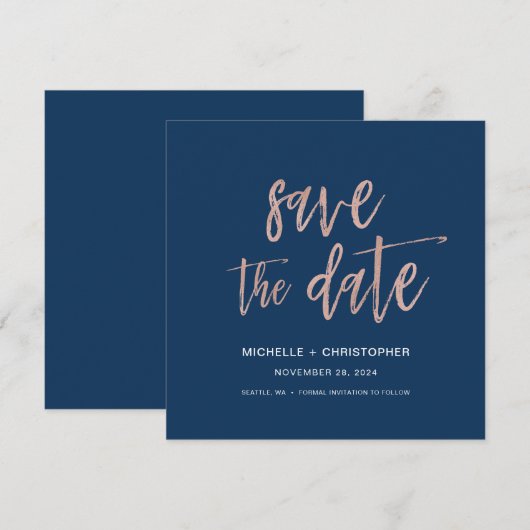Navy Blue & Roos Gold Save the Date Square Kaart (Voorkant / Achterkant)