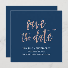 Navy Blue & Roos Gold Save the Date Square Kaart