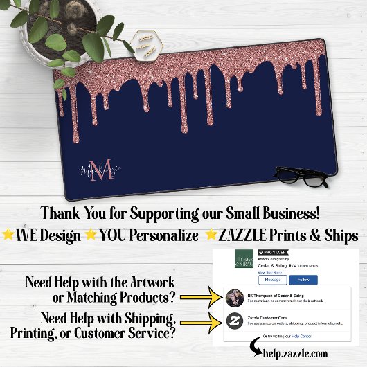 Navy Blue Roos Gold Sparkle Glitter Driemonogram Bureaumat