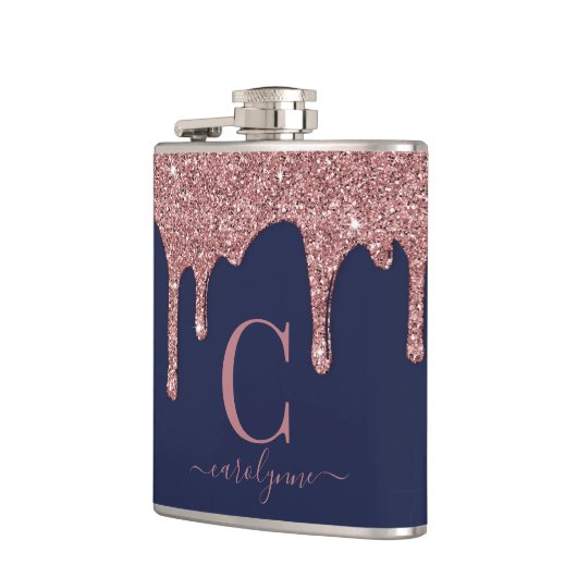 Navy Blue Roos Gold Sparkle Glitter Driemonogram Heupfles (Links)