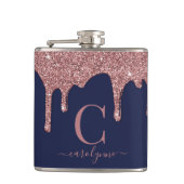 Navy Blue Roos Gold Sparkle Glitter Driemonogram Heupfles (Voorkant)