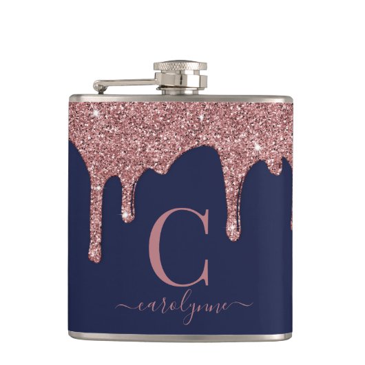 Navy Blue Roos Gold Sparkle Glitter Driemonogram Heupfles (Voorkant)